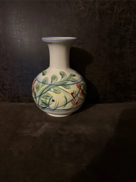 Gail Pittman Hand-Painted White Ceramic Floral Accent Vase with Blue Rim