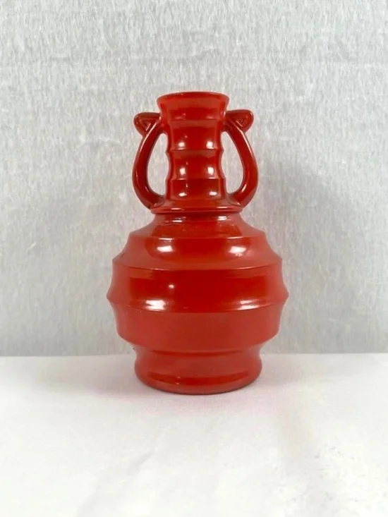 Vintage Art Deco Orange Glass Vase Beehive Style Red Urn Harp Handles