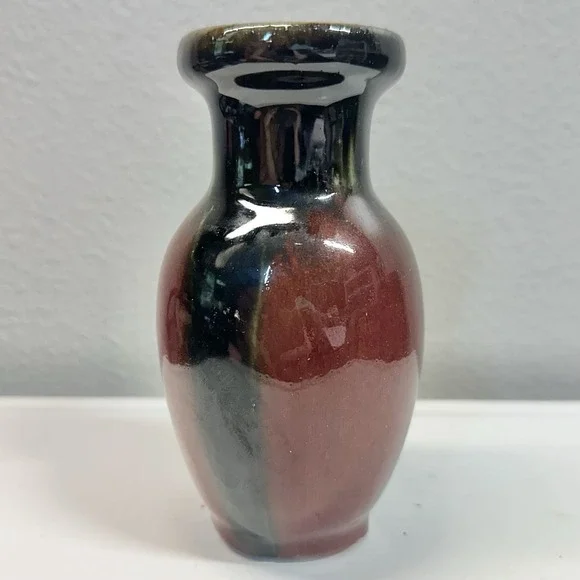 Vintage Studio Art Pottery Bud Vase Oxblood Red Black Drip Glaze 6