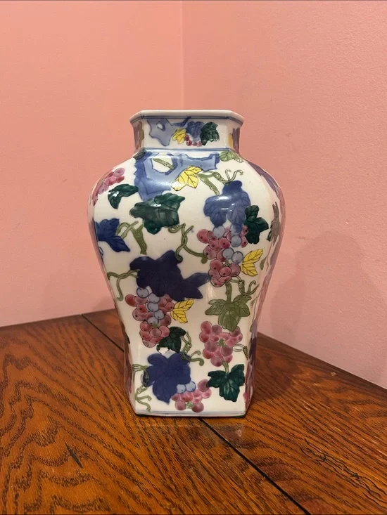 Decorative White Porcelain Grape Vine Vase - Multicolor