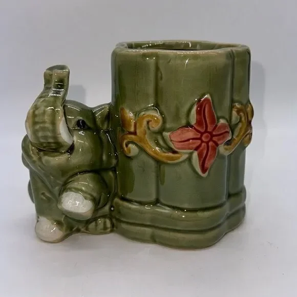 VTG Majolica Lucky Bamboo Elephant Planter