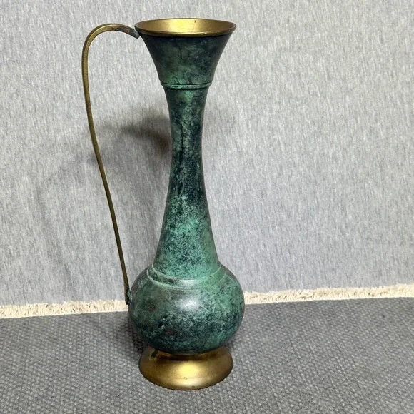 Vintage Grn Verdigris Enamel & Brass Pitcher/Vase Slender Handle Decor 9.5in