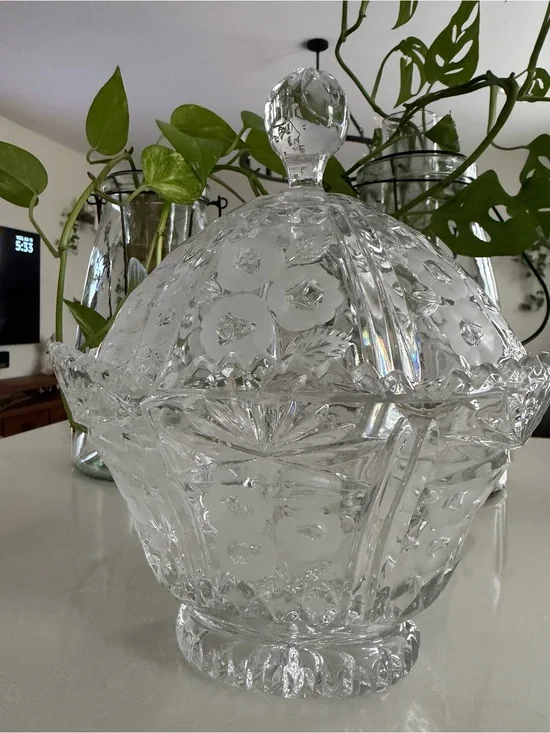 Vintage Crystal Covered Candy Dish Pedestal Compote Etched Floral Glass Bowl 10”
