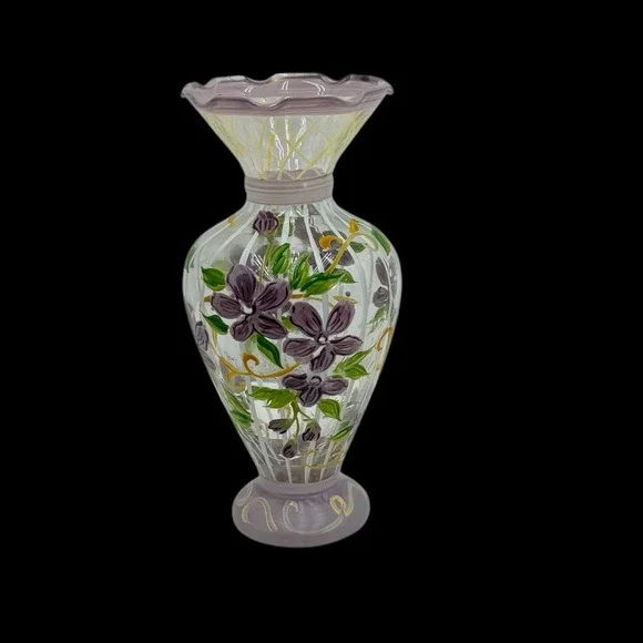 Tracy Porter Hand Painted Glass Purple Floral Bud Vase Ruffled Edge 6.5