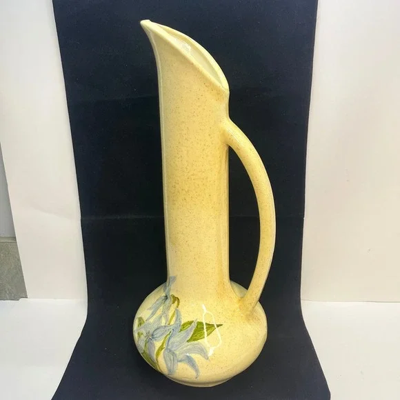 Vintage Speckled Yellow Ceramic Pitcher Vase Blue Floral Hand Painted Tall 12in