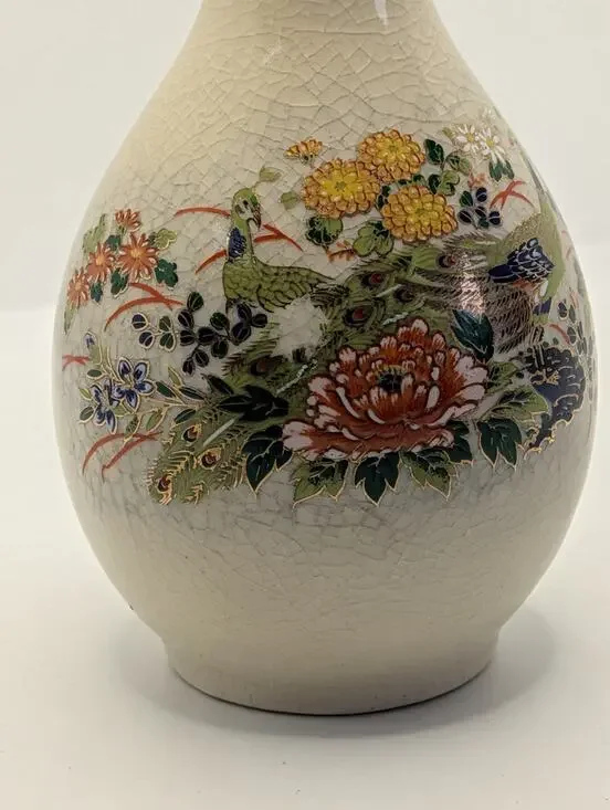 vintage crackle-glaze porcelain vase with a hand-painted peacock & floral design