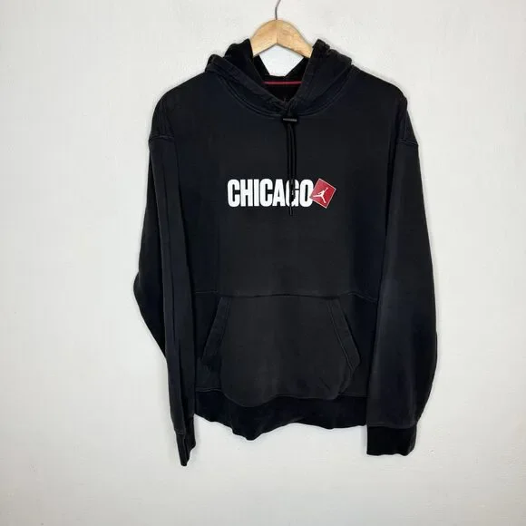 Nike Air Jordan Chicago City Hoodie Black Sweatshirt Pocket‎ Mens Small