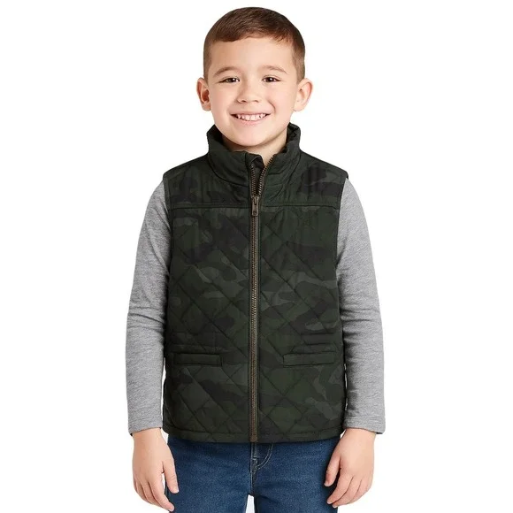 Crewcuts Boys Camo Quilted Vest Size 6-7 Green Gray‎ Full Zip Pockets Casual