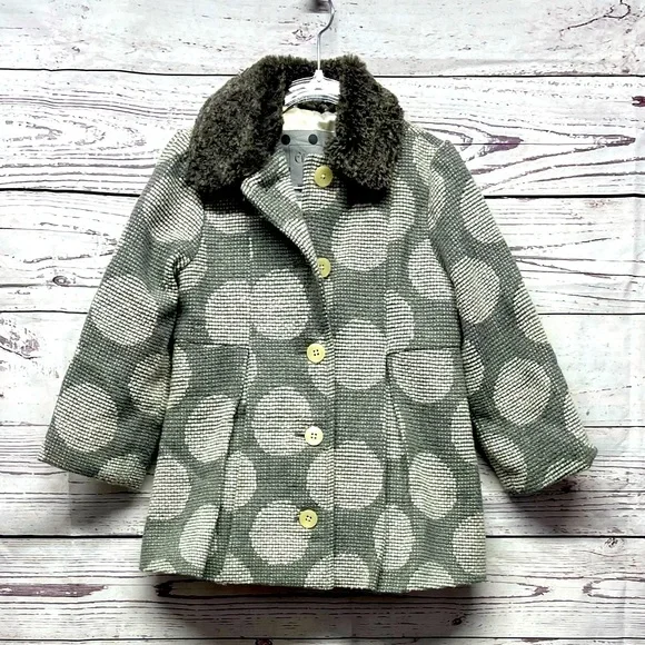 Cherokee Gray & White Polka Dot Dress Pea Coat with a Faux Fur Collar Size 3t