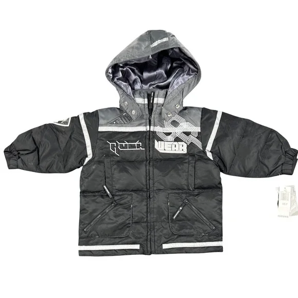 VTG Rocawear Toddler‎ Boys 3T Down Puffer Jacket Black Gray Removable Hood NWT