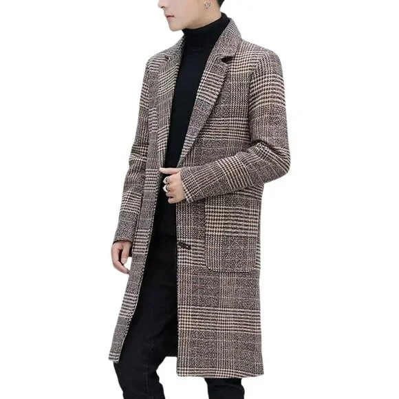 Men's Khaki Wool Blend Pea Coat Notched Collar Single Breasted Overcoat