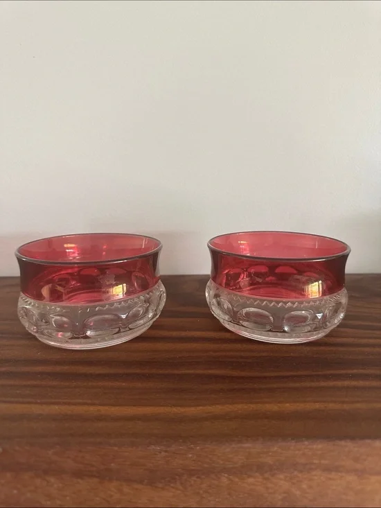 Vintage Set of 2 Tiffin Kings Crown Ruby Flash Thumbprint Dessert Bowls