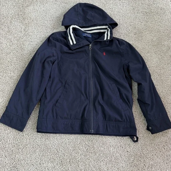 Polo Ralph Lauren Jacket Boys 10/12 Blue Hooded Windbreaker Zip Pockets Logo