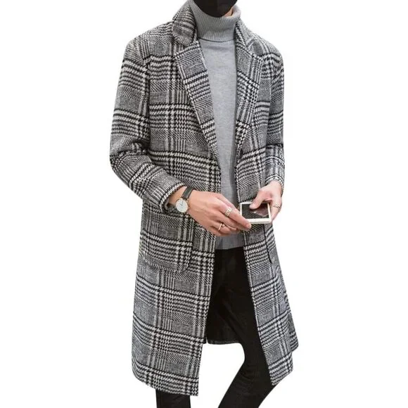 Men's Black / White Wool Blend Pea Coat Notched Collar Single Breasted Overcoat
