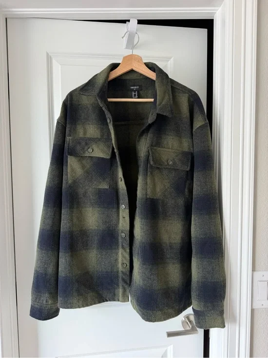 Forever 21 Olive Green & Black Plaid Shirt Jacket
