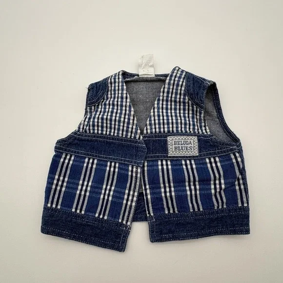 Beluga Blues Vest Boys 6-9‎ Months Blue Plaid Denim Pullover Collarless Layering