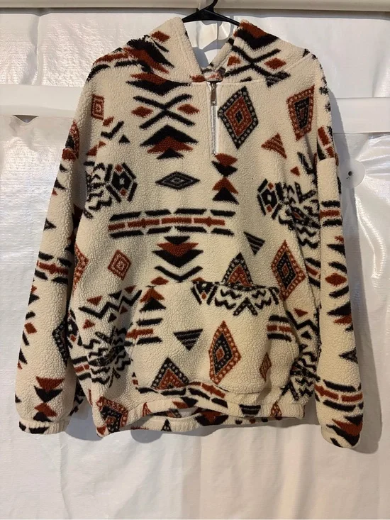 Cozy Aztec Sherpa Quarter-Zip Pullover - Cream & Rust