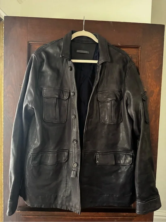 John Varvatos Black Leather Military Field Jacket