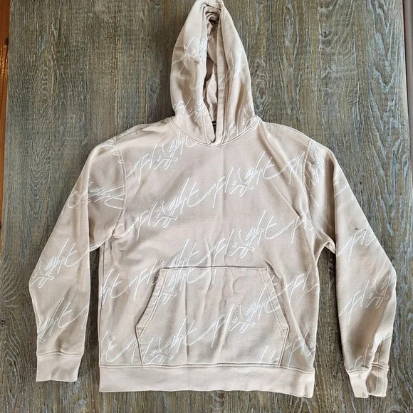 Nike Jordan Flight Essentials Hoodie Tan All Over Print Script Mens Medium