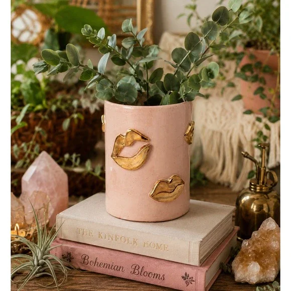 Lux Eros Blush Pink Gold Lip Kiss Planter Pot‎ Vase