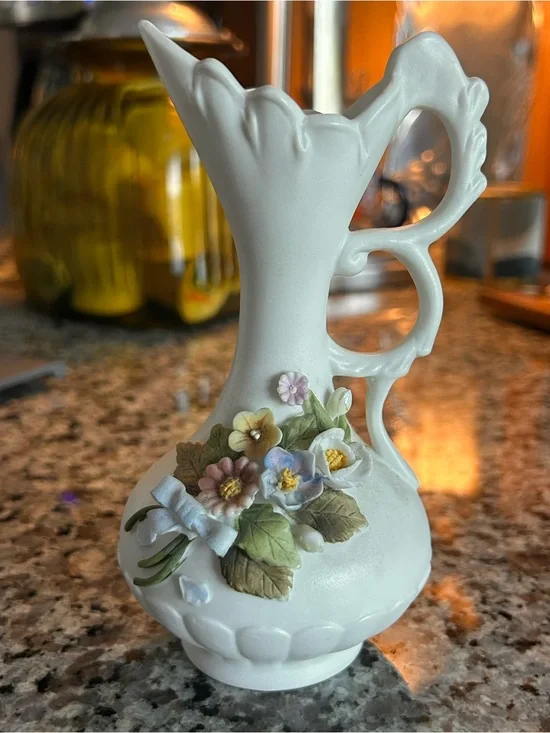 Kelvin’s White Porcelain Floral Bud Vase with Hand-Painted Flowers