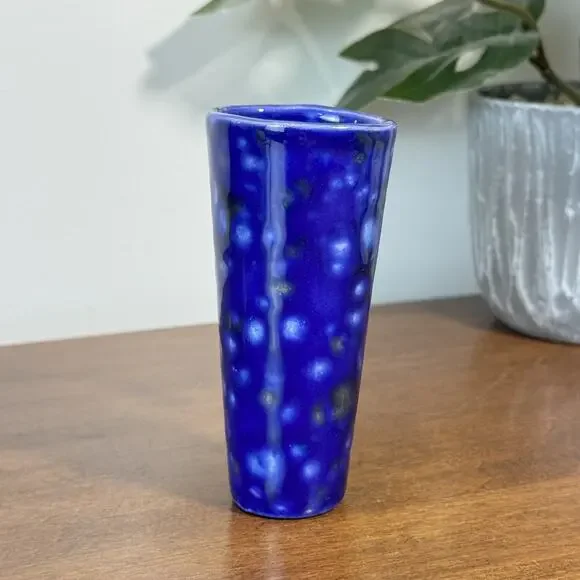 Vintage Mid-Century Modern Cobalt Blue Speckled Glaze Wall Vase Suction Cup
