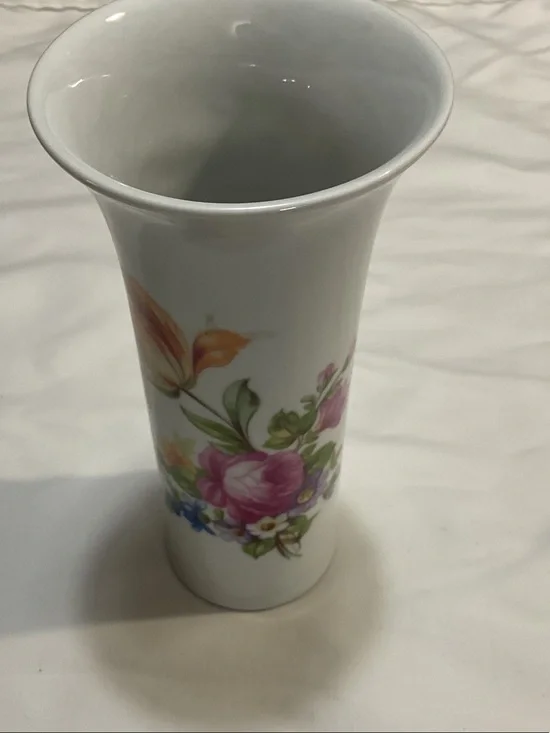 White Porcelain Floral Bud Vase - Pink & Green Bouquet made in Germany.