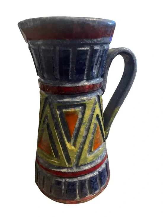 Leon Aldo Bitossi Style Blue Yellow Ceramic Pitcher 7” Triangle Pottery Italy