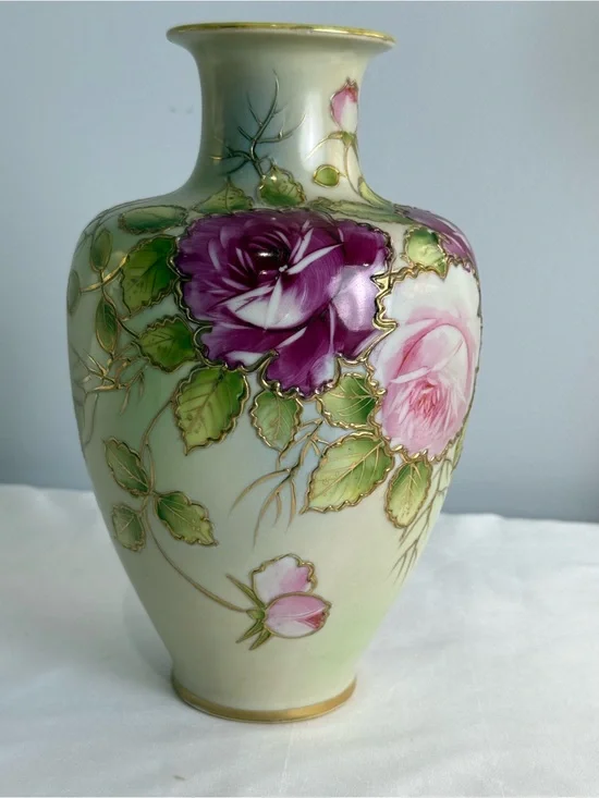 Vintage Vase Antique Hand Painted Nippon Floral Roses Gold Gilt Porcelain