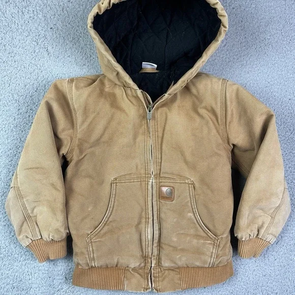 Carhartt Canvas Quilted Lined Jacket Tan Brown‎ Distressed Kids Youth Size 7