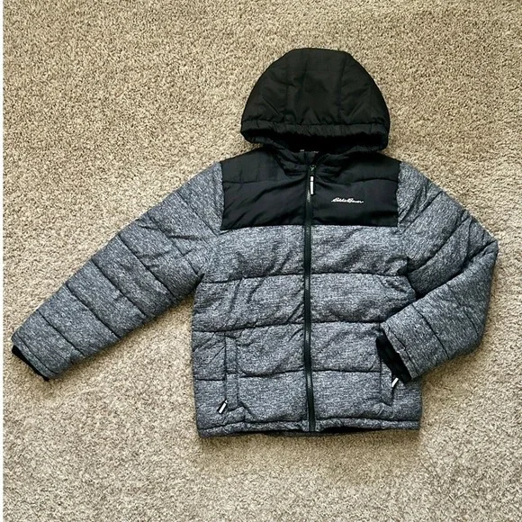 Eddie Bauer I‎ Kids Puffer Winter Hooded Jacket I Quilted Gray Black I Size M