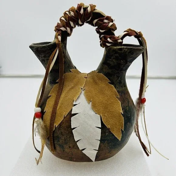 Native American Wedding Vase Suede Feathers Leather Band Double Spout 8