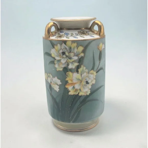 Antique Nippon Morimura Hand Painted Floral Vase With Gold Gilt & Moriage Enamel