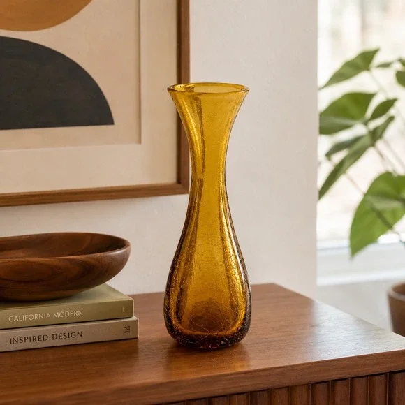 Vintage American Amber Crackle Art Glass Pinched Optic Vase Mid Century