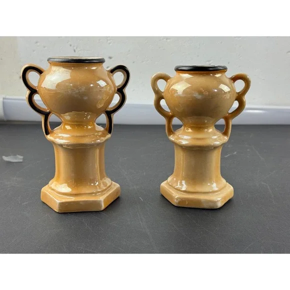 Vintage Czech Lusterware Miniature Trophy Vases Peach‎ Iridescent Art Deco