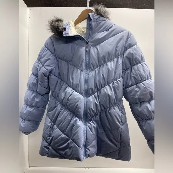 Girls' Light Blue Quilted Puffer Jacket with Faux Fur Trim‎ Hood