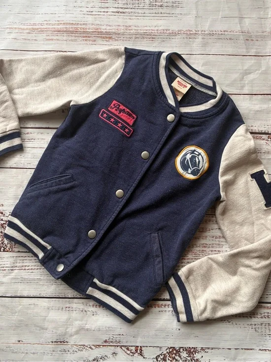 Boy’s Navy and Cream Varsity Jacket by Mossimo Size 6/6x