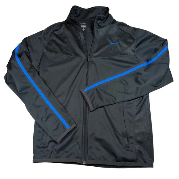 Nike Mens Track Jacket Full Zip Charcoal Grey Blue Stripe Mock Neck Medium