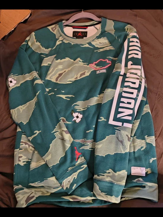 Jordan Teal Camo Pullover Sweatshirt with White Sleeve Logo