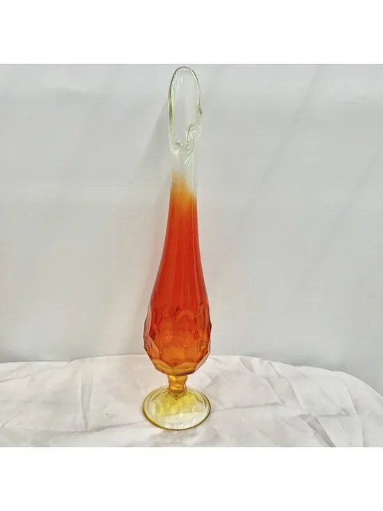 Vintage Amberina Art Glass Swung Vase Pedestal 14 Inch Orange Yellow MCM Decor
