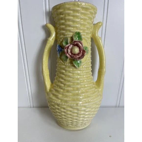 Vintage Japanese Basketweave Yellow‎ Wall Pocket with Pink/Blue Flowers.