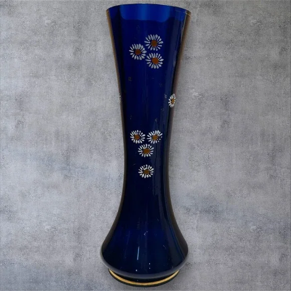 Vintage Cobalt Blue Glass Vase Daisy‎ Flower Design Tall Elegant Home Decor