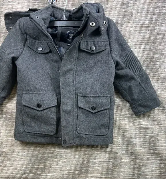 Urban Republic Gray Hooded Coat Kids 3T Full Zip Pockets Long Sleeve Button