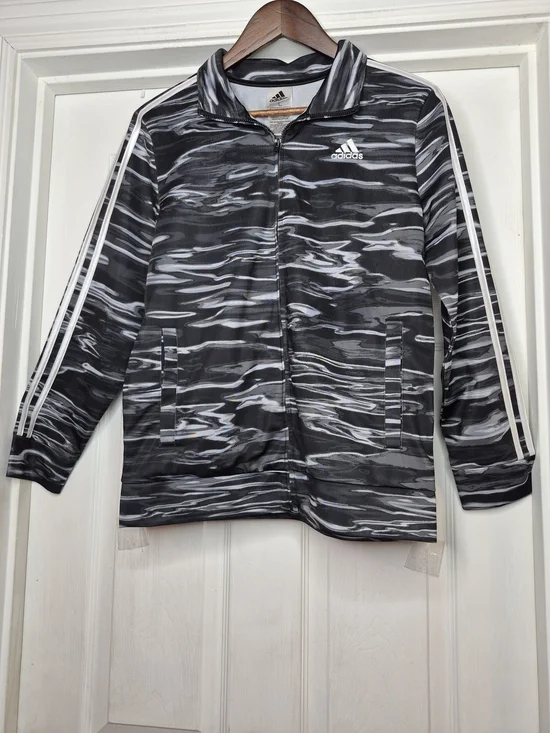 adidas Black & White Marbled Stripe Track Jacket Boys Size Large 14/16