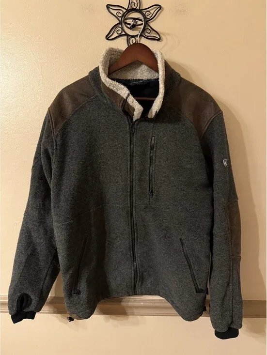 KUHL Alpenwurx Fleece Jacket Faux Suede Trim Sherpa Collar Men’s Large Gray
