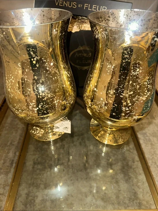 Venus et Fleur Gold Mercury Glass Hurricane Vase Pair
