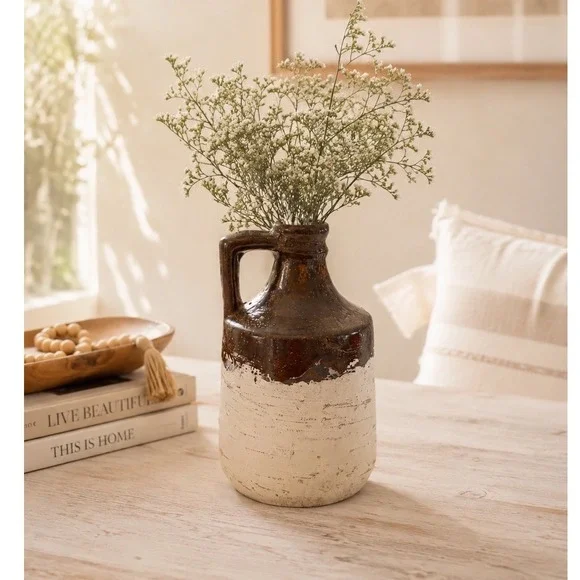 Rustic Farmhouse Ceramic Stoneware Jug Distressed White Bronze Brown‎ 7.75 Inch