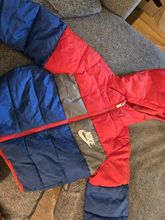 Nike Kids Red, Blue & Gray Hooded Puffer Jacket