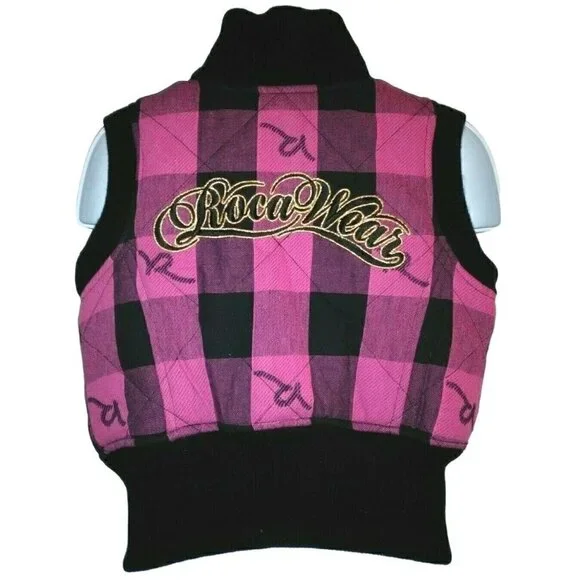 Roca Wear Girls Zip Front Quilted Vest Size 4 Pink Black Plaid