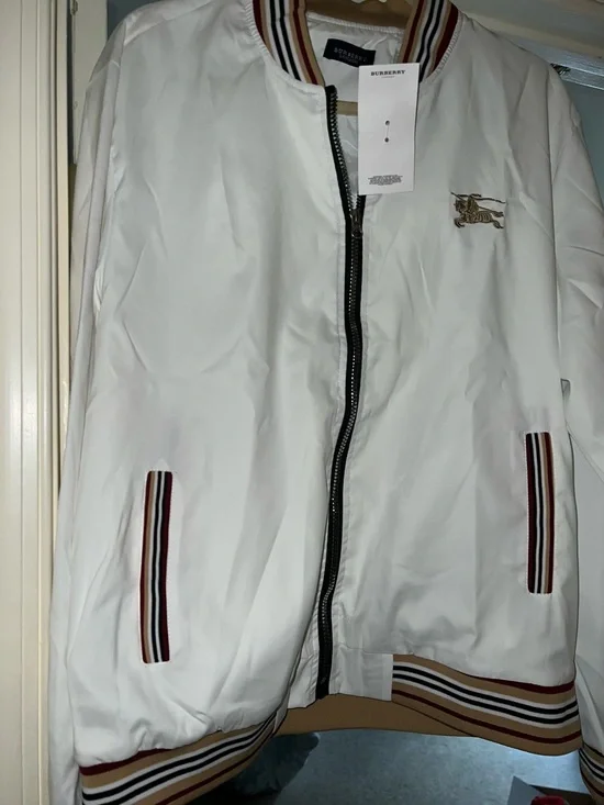 White Icon Stripe-Trim Bomber Jacket
